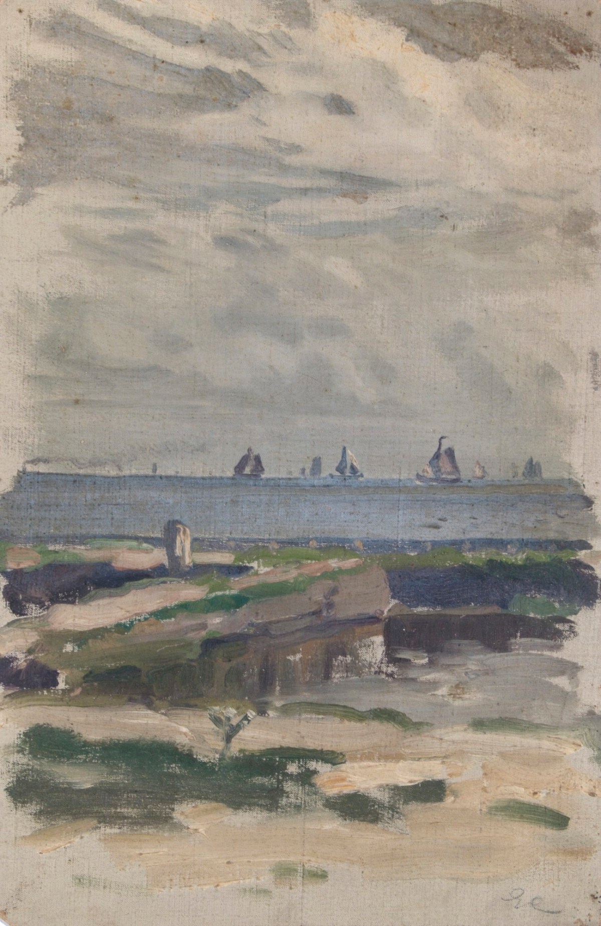 Sir George Clausen RA, Study of a beach with a view out to sea and sailing boats (Holland)