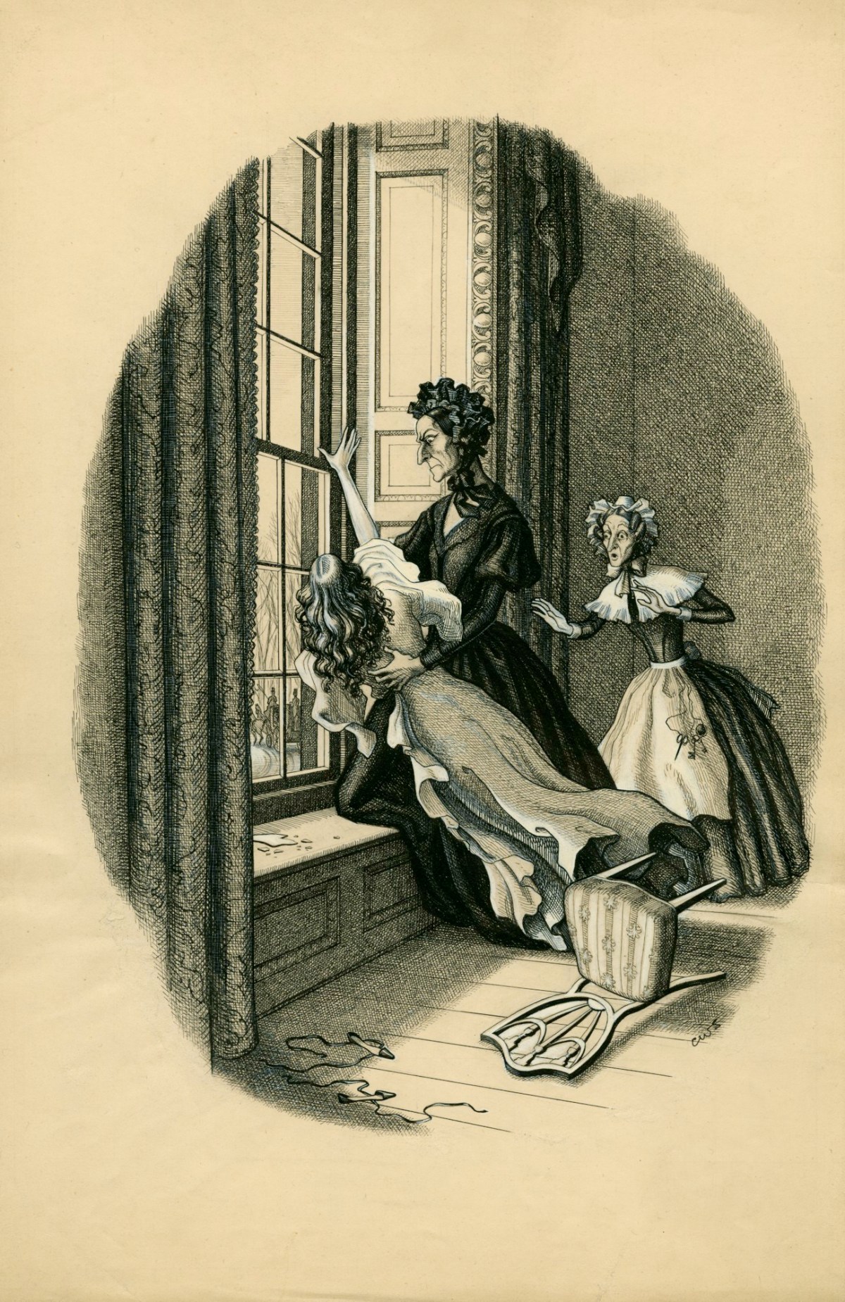 Charles W. Stewart, 'Madame had seized my wrists, and a wild struggle was going on', illustration for chapter 56 of Uncle Silas