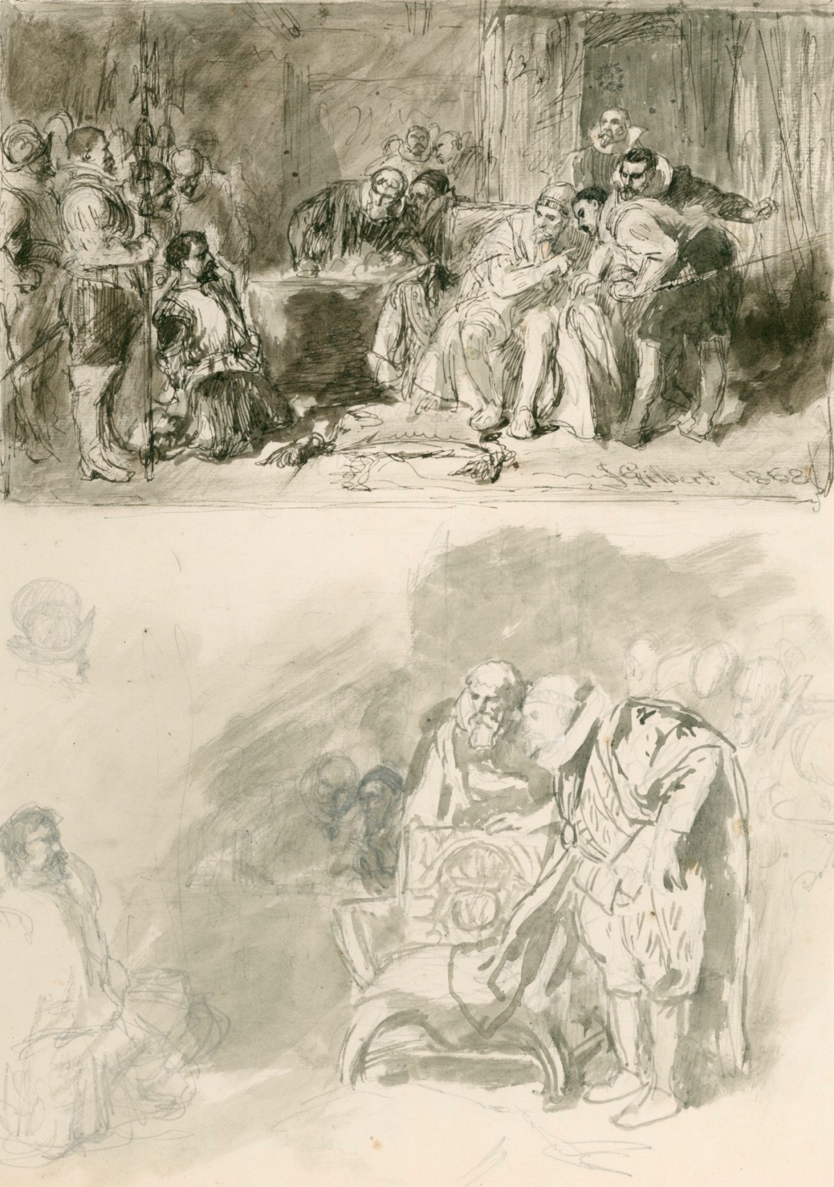 Sir John Gilbert RA, Two drawings for 'Guy Fawkes before King James'