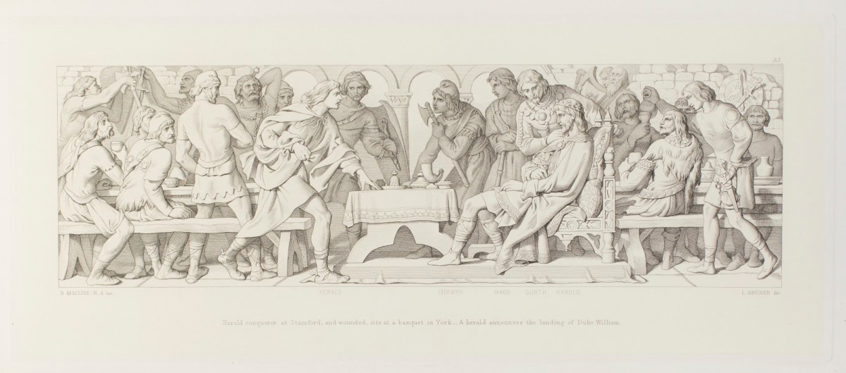 Daniel Maclise RA, Harold, conqueror at Stamford, and wounded, sits at a banquet in York - A herald announces the landing of Duke William