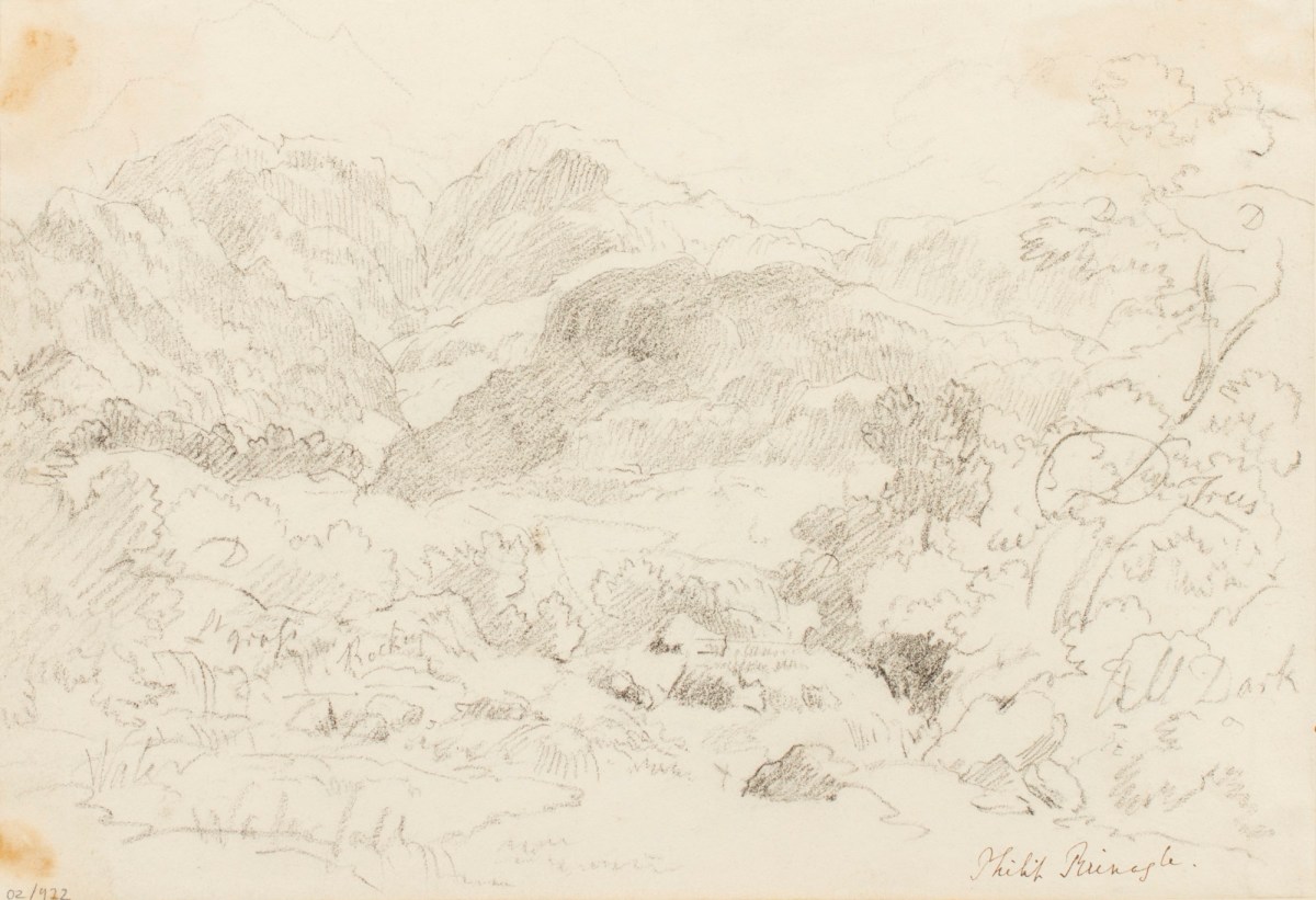 Philip Reinagle RA, Hilly landscape with rocks and trees in foreground