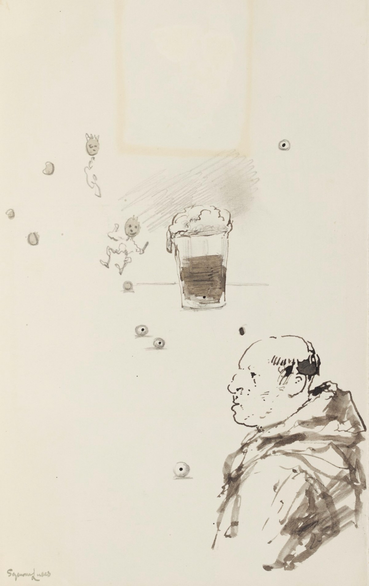 John Seymour Lucas RA, Doodle of a monk and a glass of foaming beer