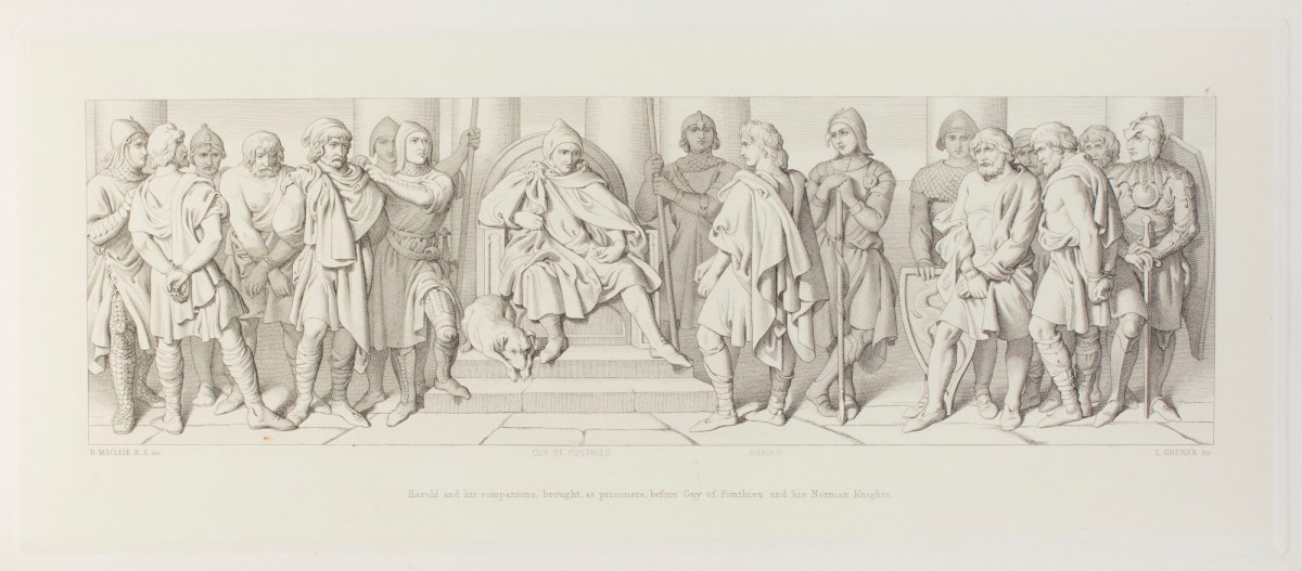 Daniel Maclise RA, Harold and his companions, brought, as prisoners, before Guy of Ponthieu and his Norman Knights
