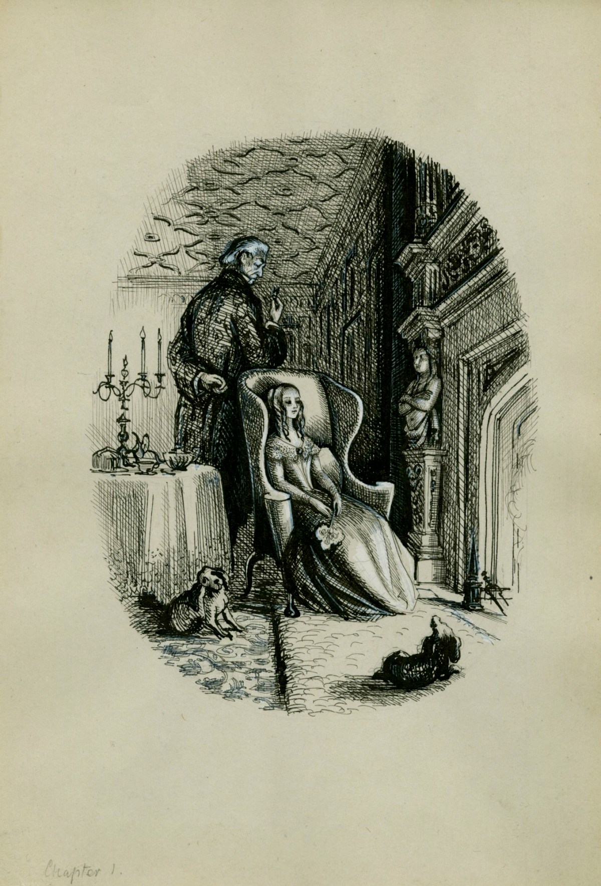 Charles W. Stewart, 'At the far end he nearly disappeared into the gloom', illustration for Chapter 1 of Uncle Silas