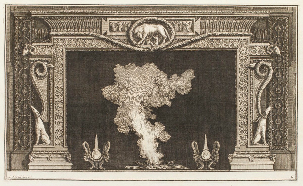 Giovanni Battista Piranesi, Design for chimneypiece with central oval on frieze depicting Romulus, Remus and the wolf