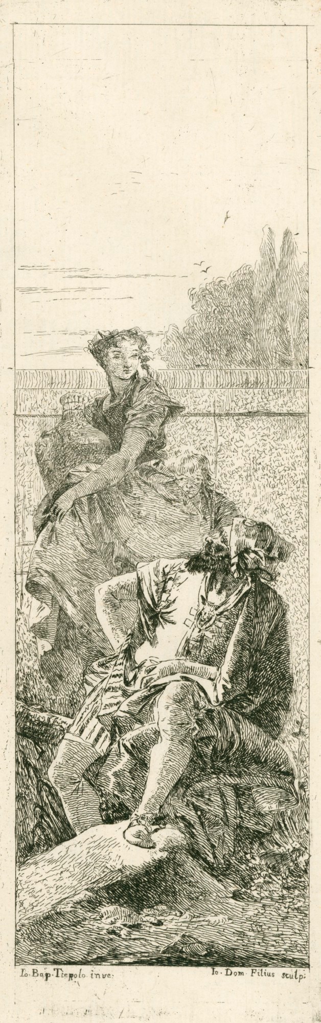 Giandomenico Tiepolo, A seated man and a woman carrying a vase