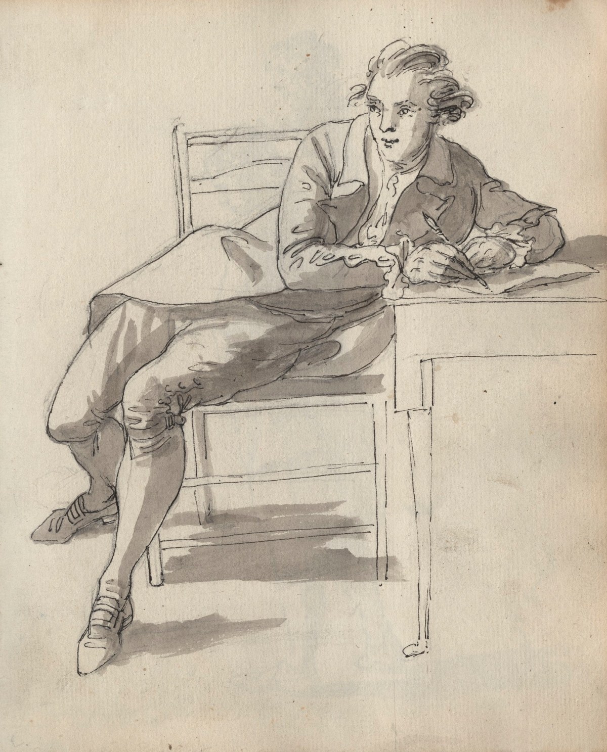 Unknown artist, Leaf from a sketchbook with a drawing of a seated man drawing or writing