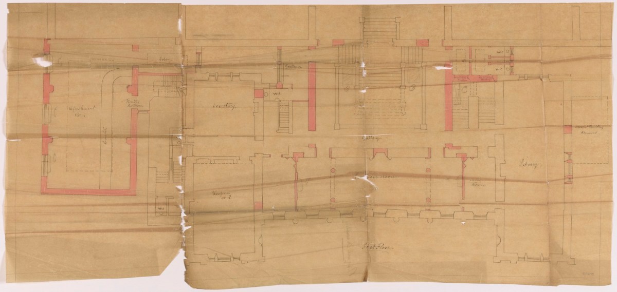 George Edmund Street RA and Richard Norman Shaw RA, Design for alterations and additions, including Refreshement Room (restaurant) to Burlington House, Royal Academy of Arts, Piccadilly, London: first floor plan