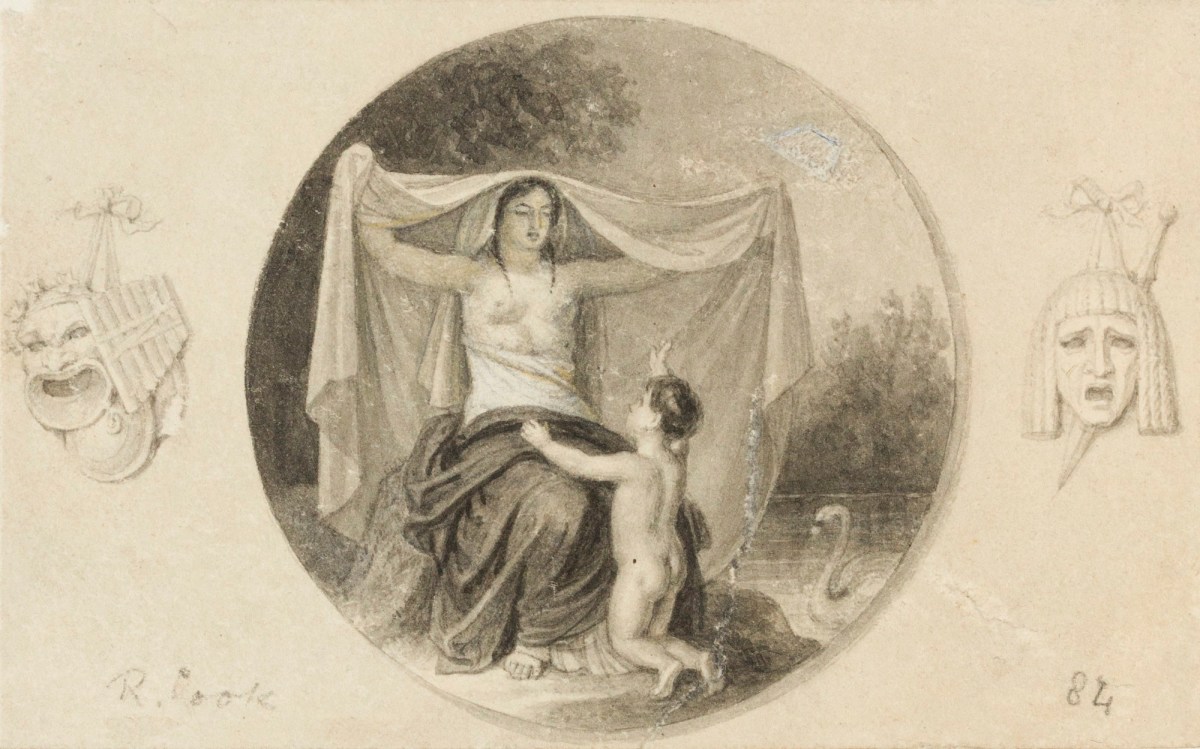 Richard Cook RA, A scene with a seated woman and a small child in a roundel flanked by tragic masks