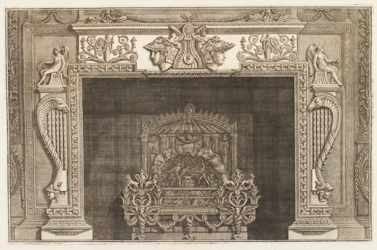 Giovanni Battista Piranesi, Design for a chimneypiece with ornate frieze and seahorse figures on the jambs