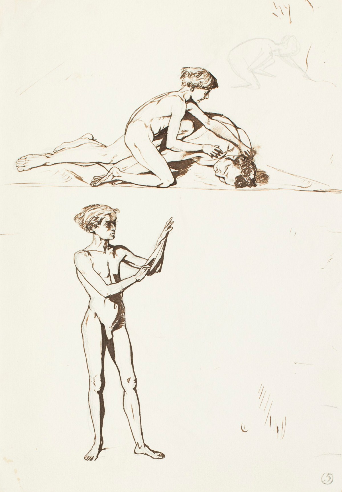 Henry Hugh Armstead RA, Nude studies of two male figures, for the 'History of the Shirleys' reliefs