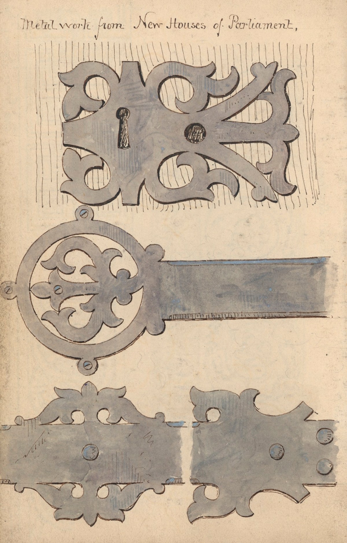 Richard Norman Shaw RA, Leaf from a sketchbook with drawings of metalwork designed by Pugin for the Houses of Parliament