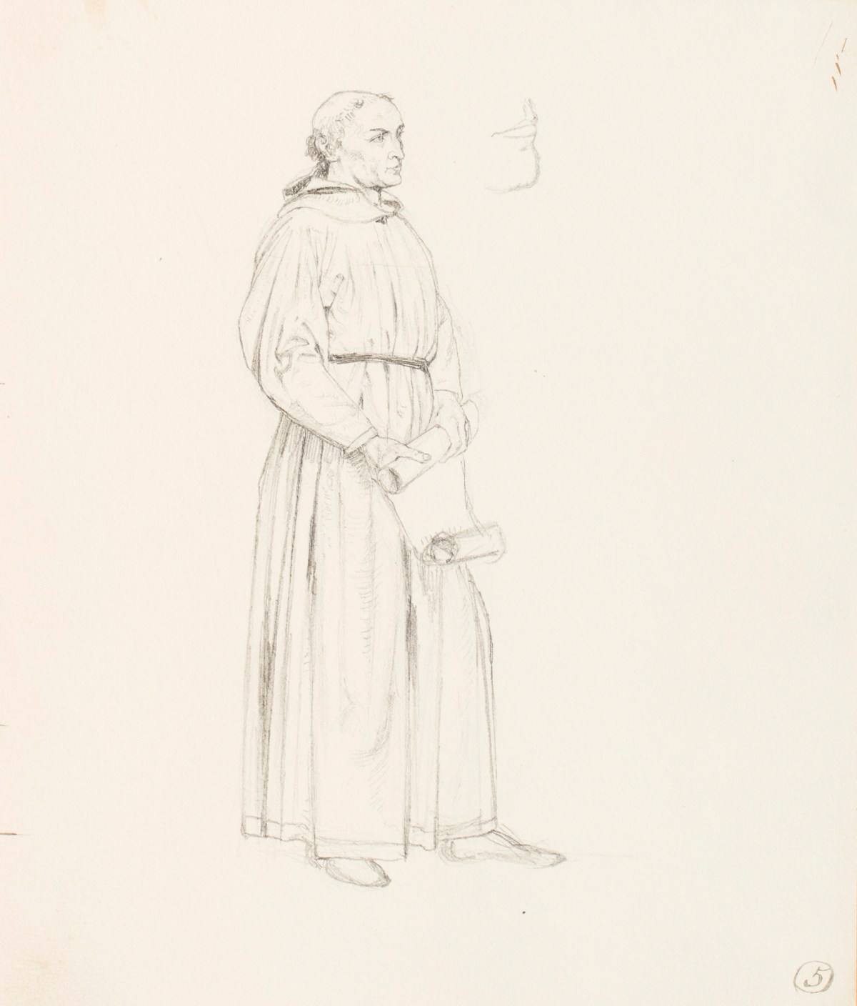Henry Hugh Armstead RA, A monk holding a scroll, for the 'History of the Shirleys' reliefs
