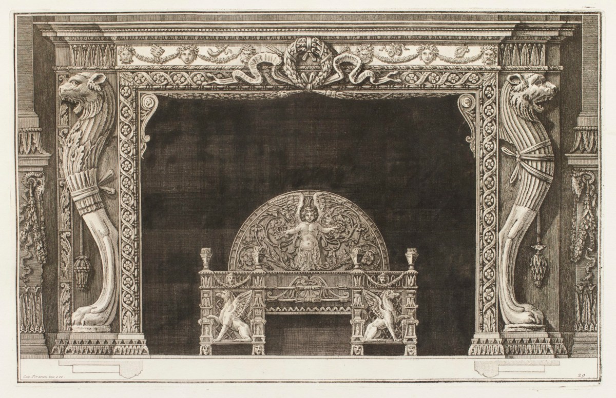 Giovanni Battista Piranesi, Design for chimneypiece wreath decoration and lion motif on jambs