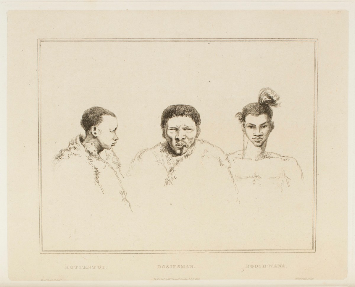 Samuel Daniell, Portrait of a KhoiKhoi, a San and Tswana men ('Hottentot, Bosjesman, Booshwana')