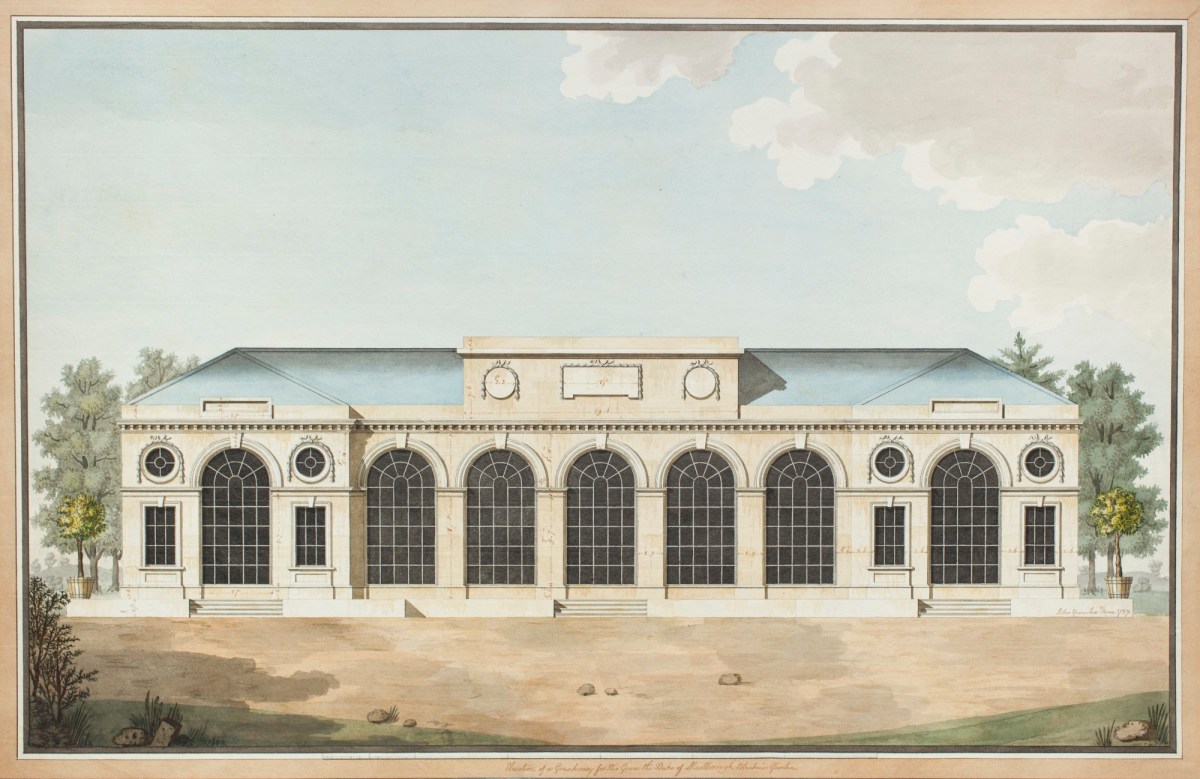 John Yenn RA, Design for greenhouse, Blenheim Palace, Oxfordshire: front elevation