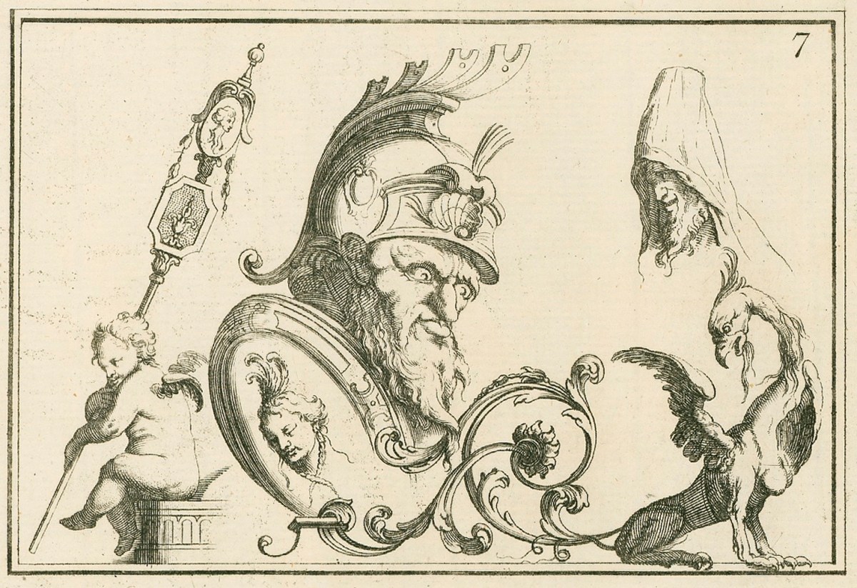 Jean Bernard Toro, Fantastic helmeted head, monk's hood, putto with Roman legion's standard and scrawny griffin