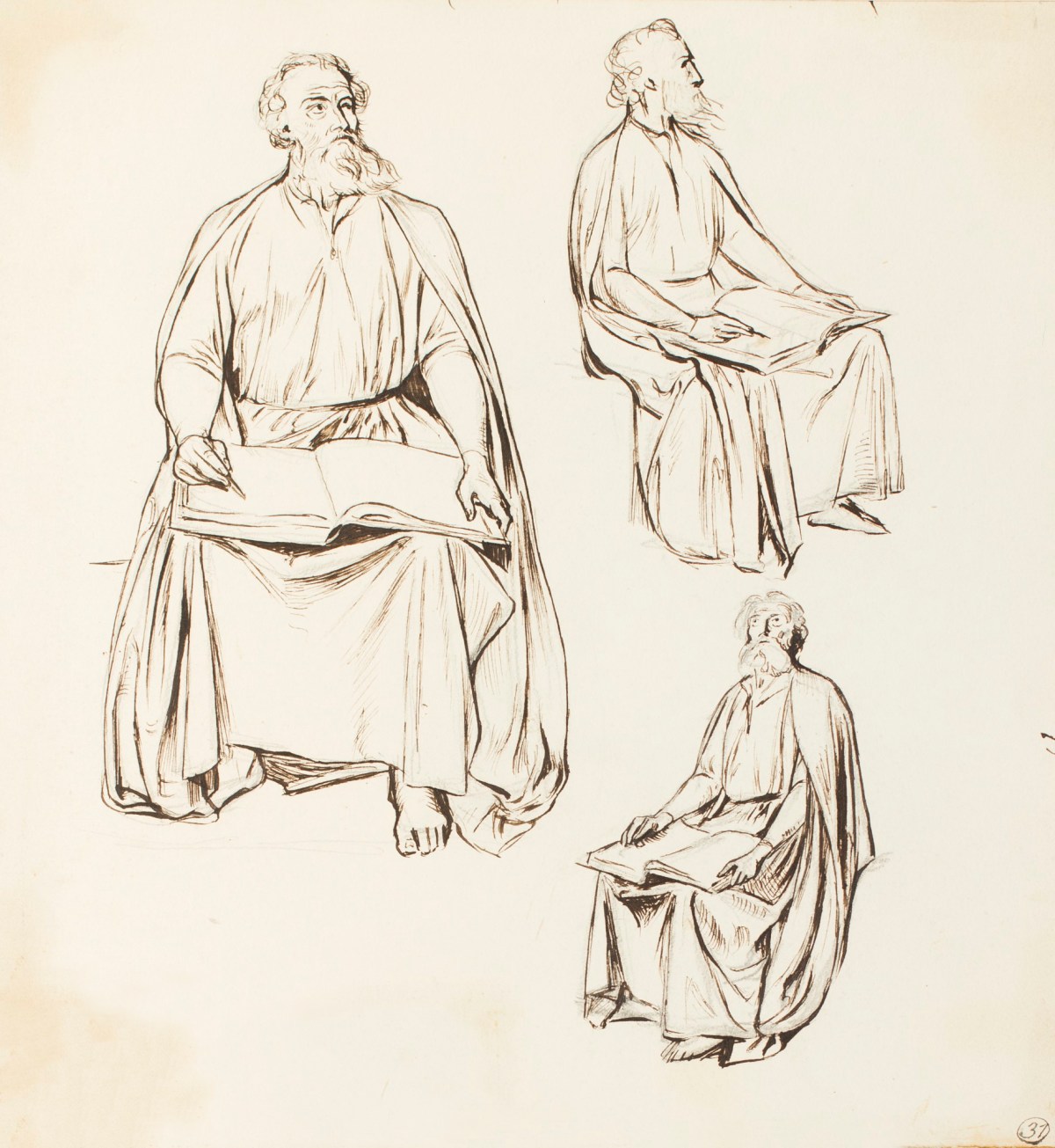 Henry Hugh Armstead RA, Three studies of a seated male figure for Llandaff Cathedral carvings