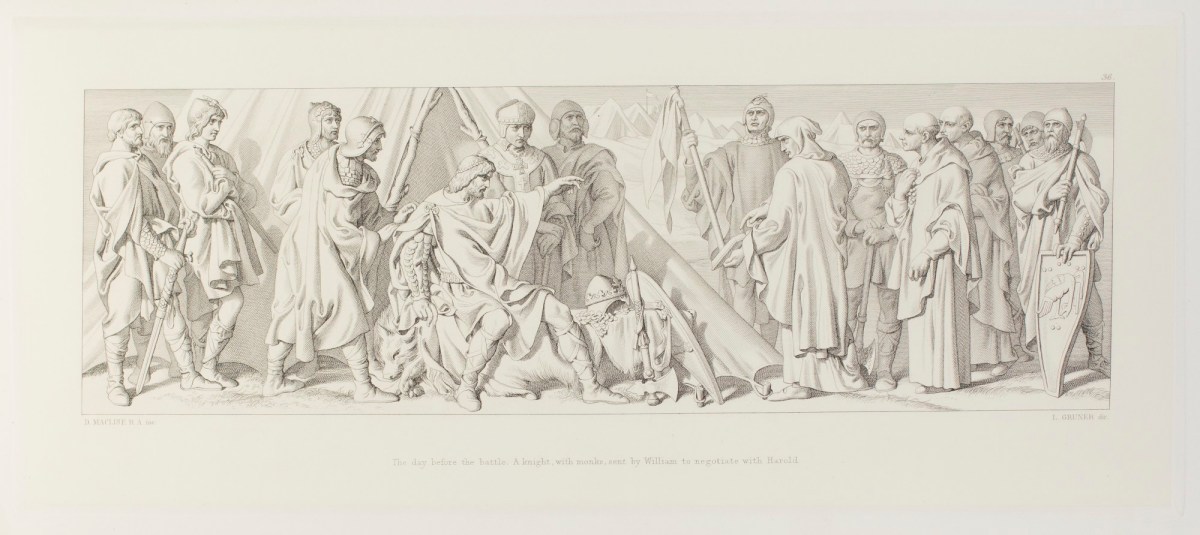 Daniel Maclise RA, The day before the battle. A knight, with monks, sent by William to negotiate with Harold