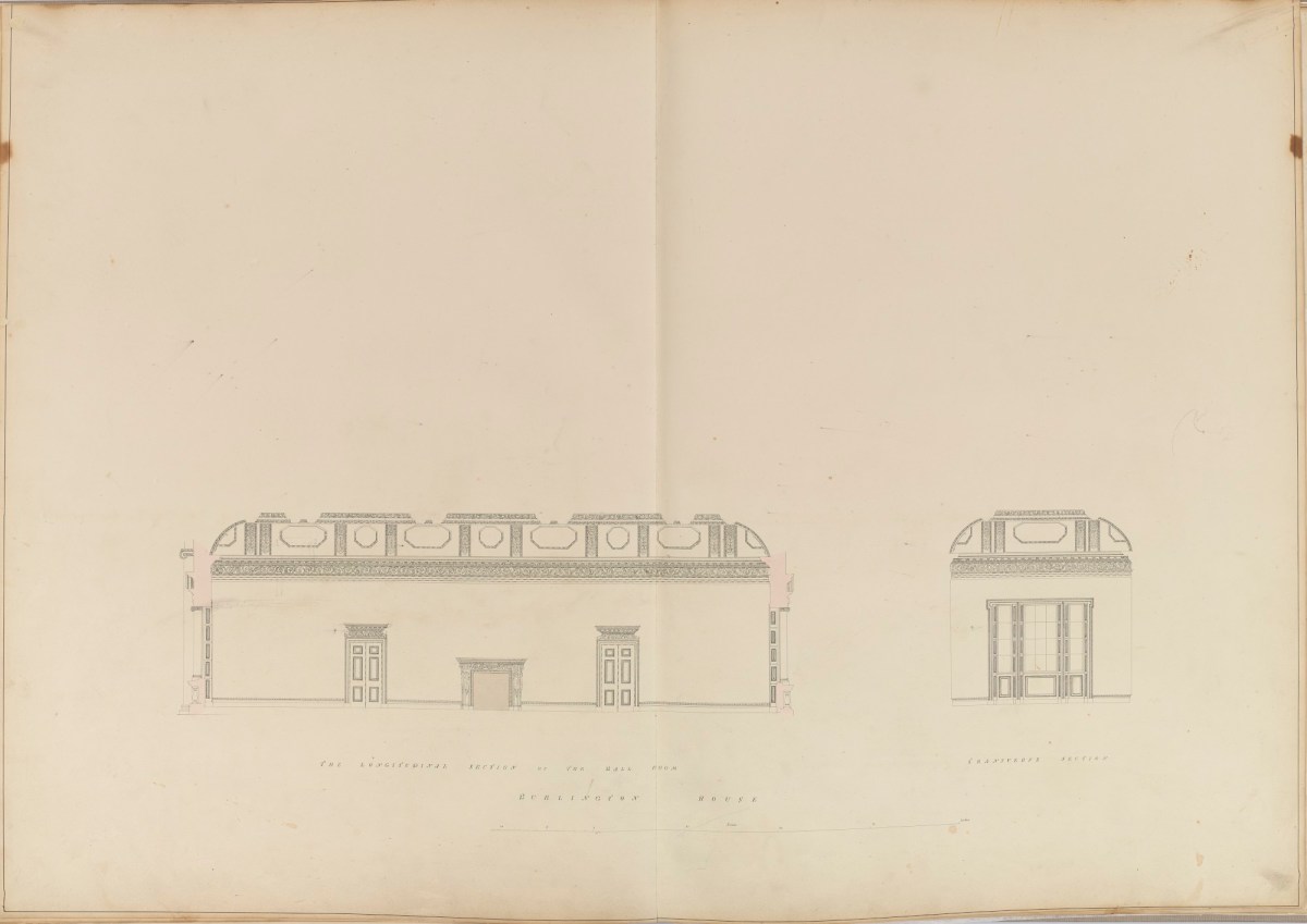 Samuel Ware, Design or record drawing for the ball room, Burlington House, Piccadilly, Westminster, London: longitudinal and transverse sections