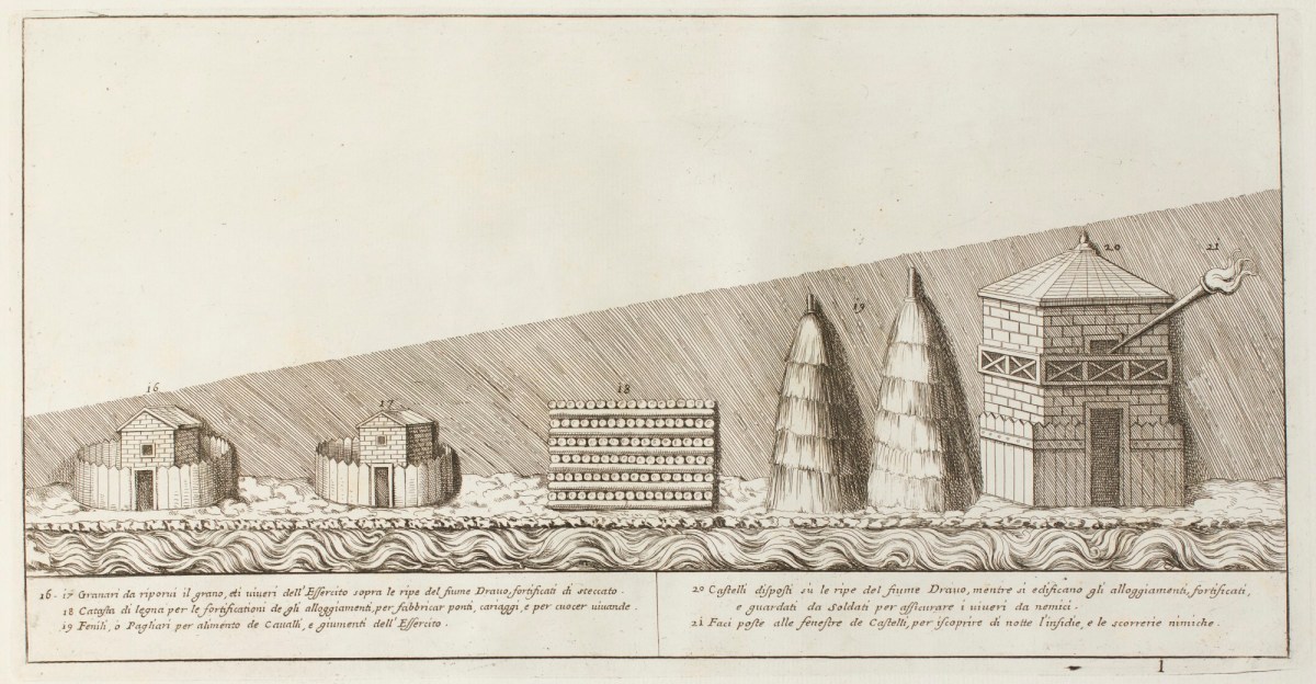 Pietro Santi Bartoli, Plate 1: granary, heap of wood for fortifications, bundles of horse feed, castles