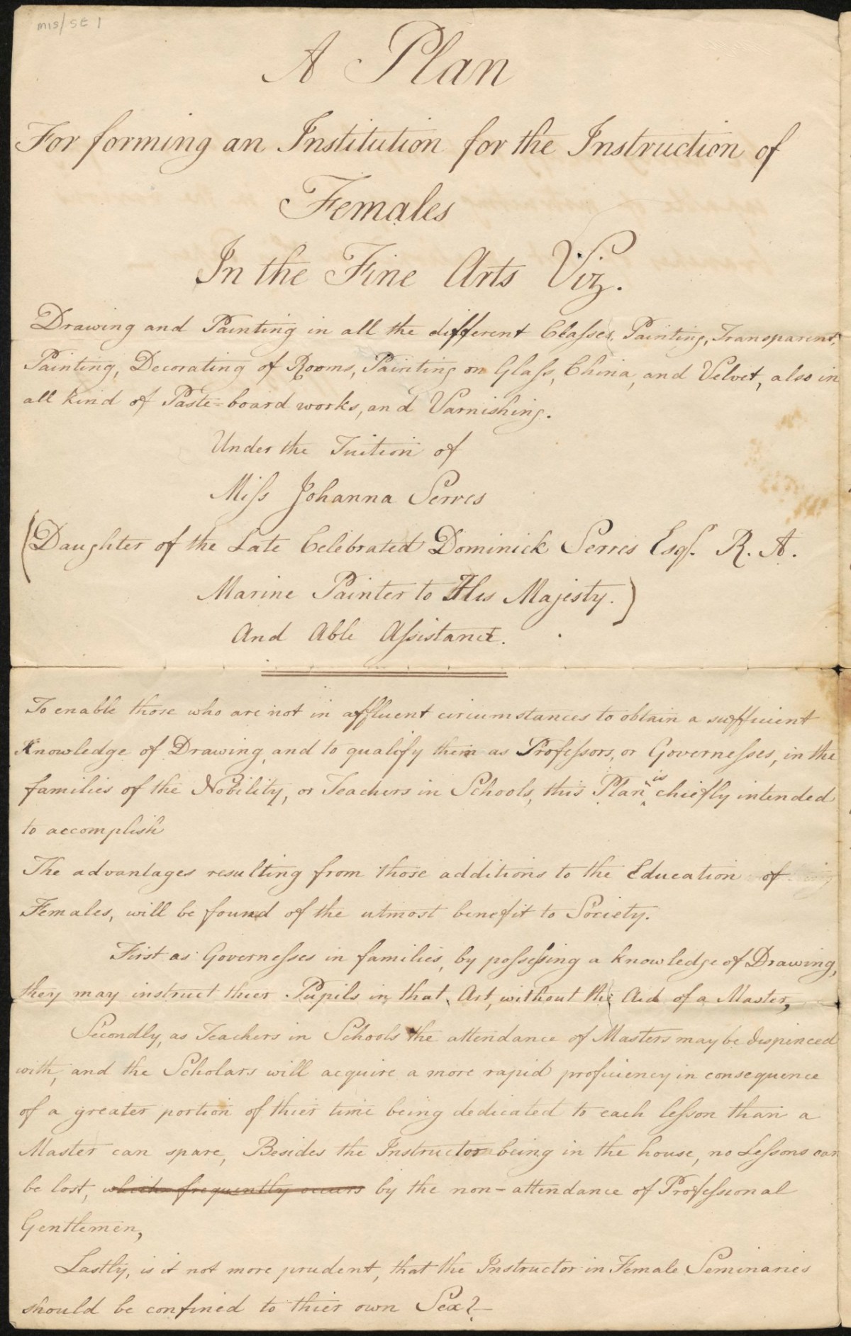 , Plan for forming an institution for the instruction of females in the Fine Arts