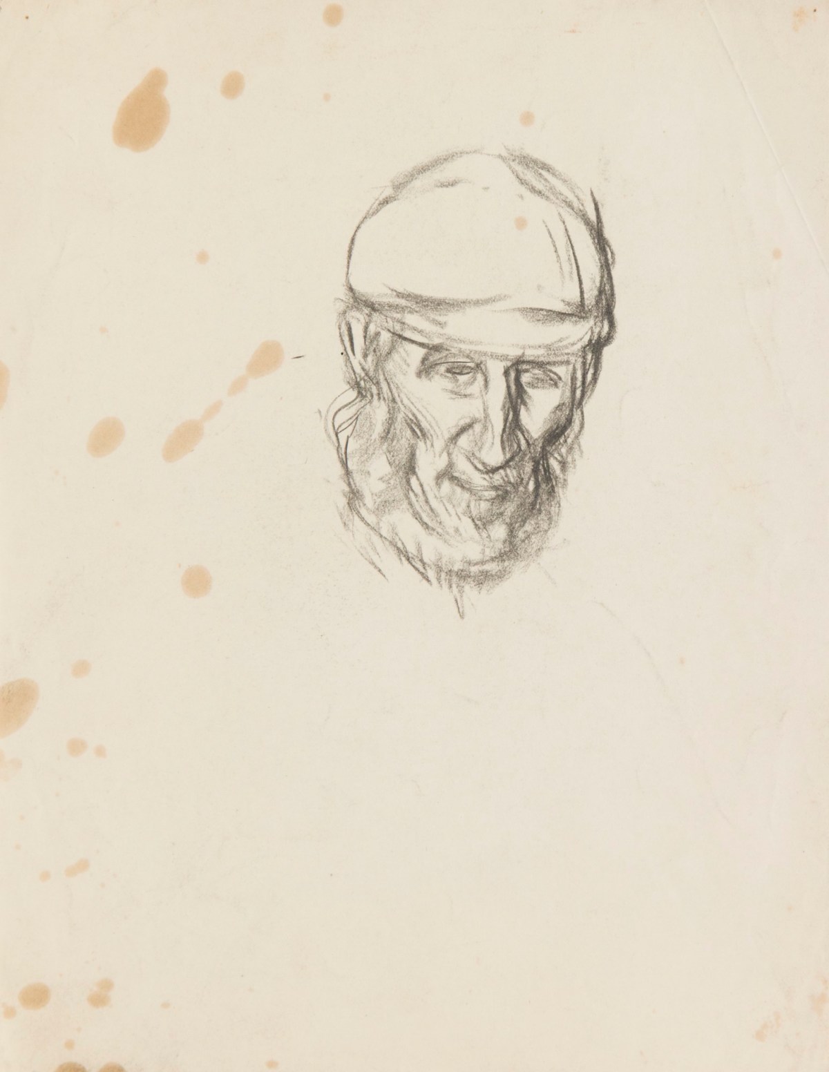 Sir George Clausen RA, Study of the head of an old man with a beard and cap, relating to 'Interior of an Old Barn'