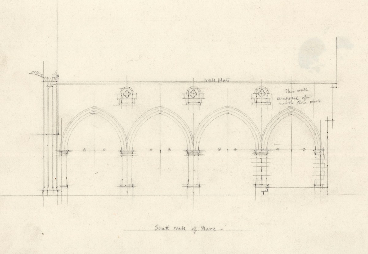 Richard Norman Shaw RA, Survey drawing of St Margaret's Church, Chipstead, Surrey: elevation of south wall of nave