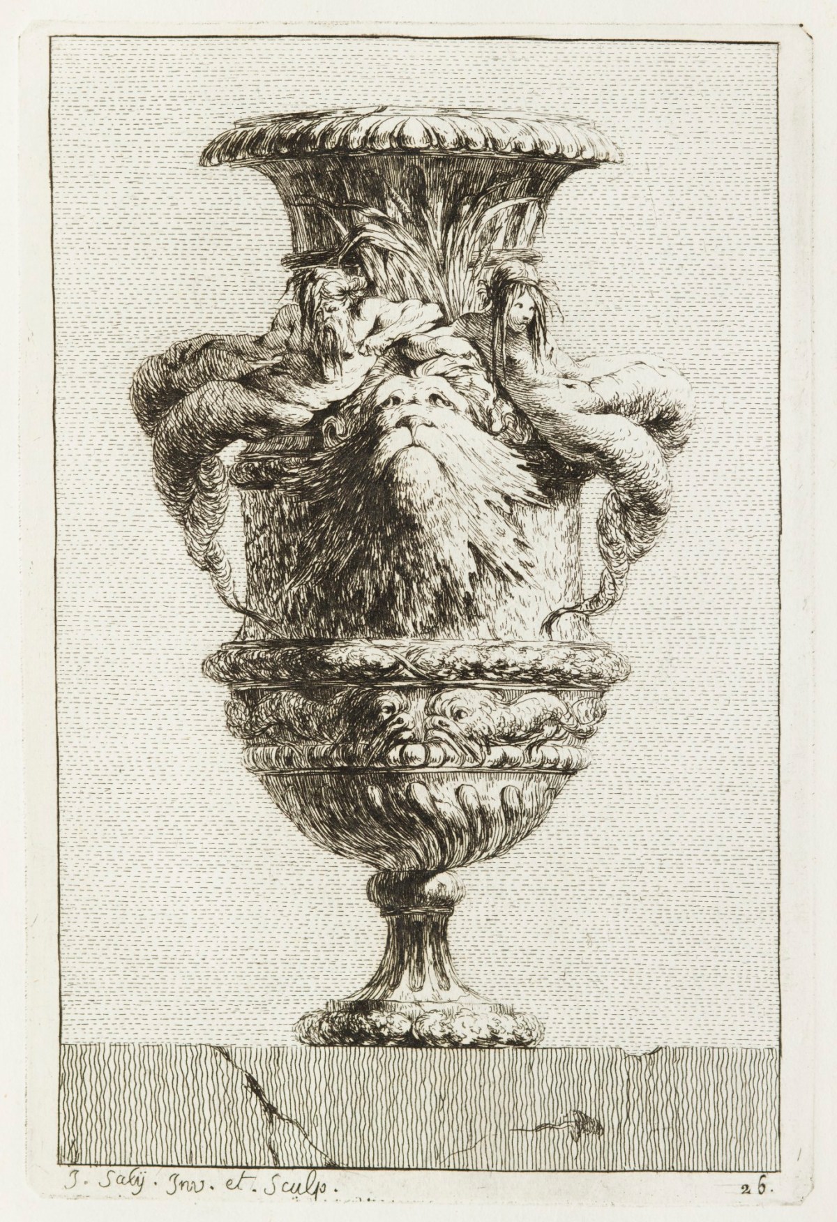 Jacques-François-Joseph Saly, Vase decorated with male and female triton figures and mask.
