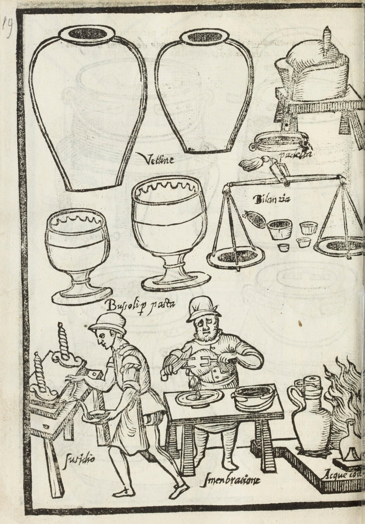 Unsigned, Engraving depicting kitchen equipment and two men working at benches.
