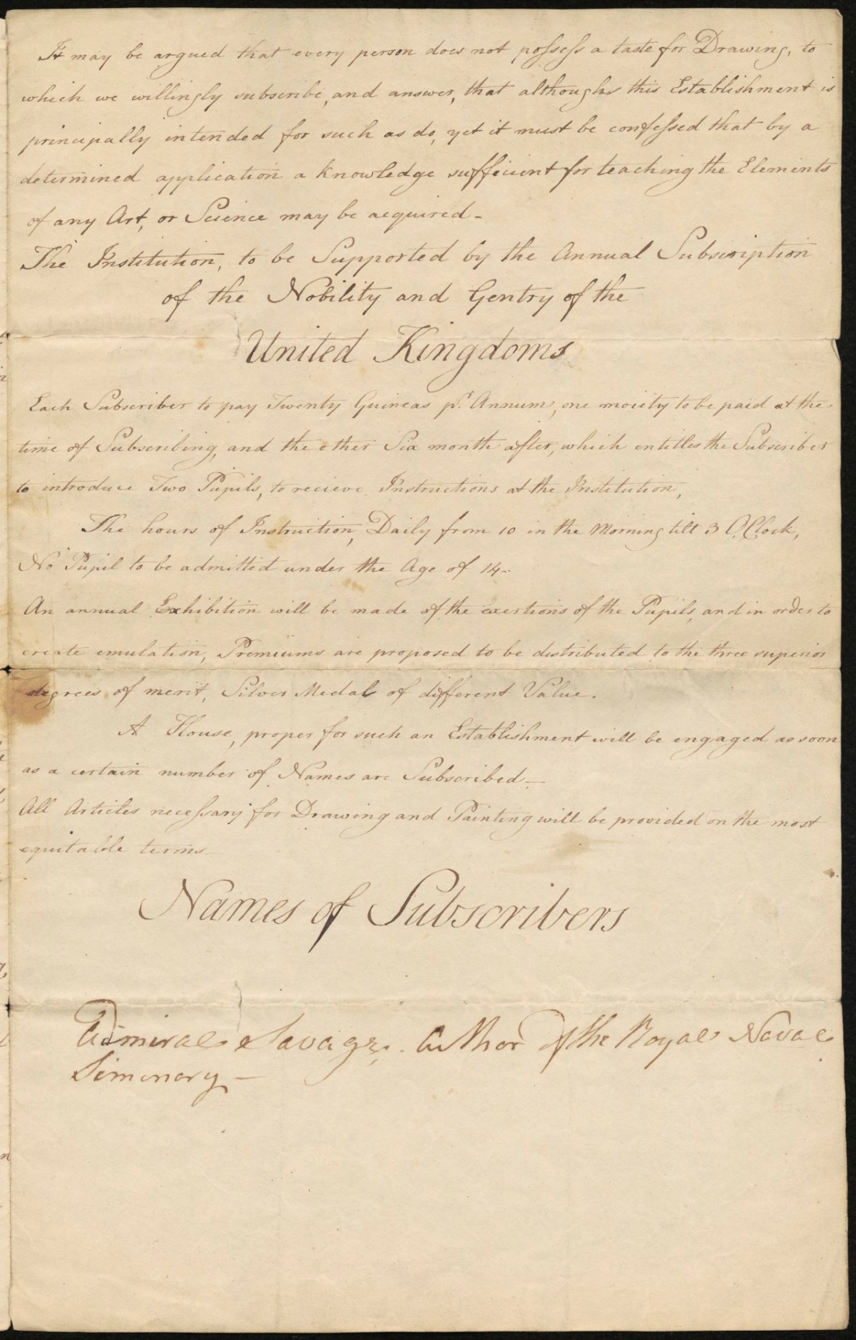 , Plan for forming an institution for the instruction of females in the Fine Arts