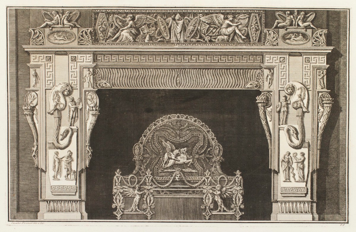 Giovanni Battista Piranesi, Design for chimneypiece with Greek key design and frieze of winged cherubs