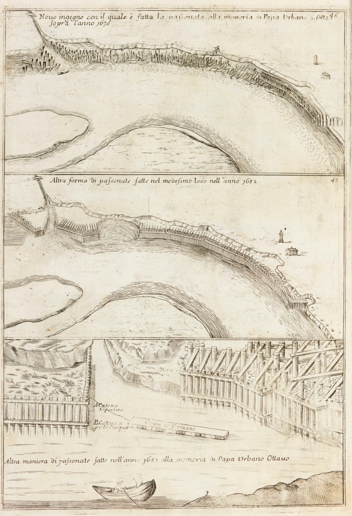 Three Plates Illustrating Mejjer S Passonata Or Embankment Solution To The Tiber Flooding Proposed And Executed Under Pope Urban Viii Works Of Art Ra Collection Royal Academy Of Arts