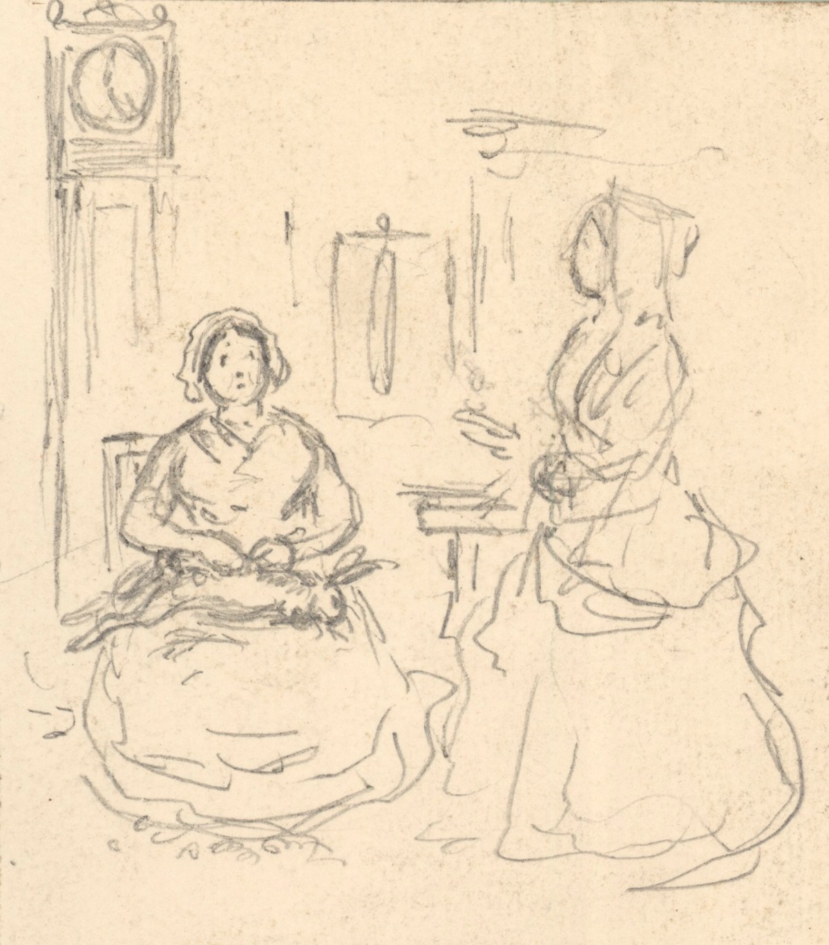 John Leech, Sketch of a figure on horseback (recto) and Sketch of two women in an interior (verso)