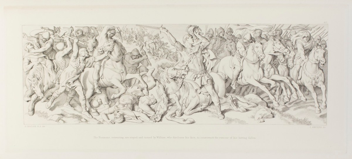 Daniel Maclise RA, The Normans, retreating, are stayed and turned by William, who discloses his face, to counteract the rumour of his having fallen