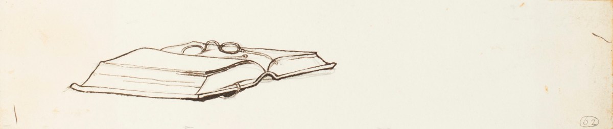 Henry Hugh Armstead RA, Study of a pair of spectacles on top of a book, for a memorial to the Revd. Hatchard