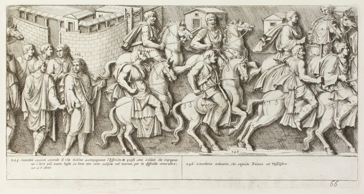 Pietro Santi Bartoli, Plate 66: Roman sacerdotes following a Roman cavalry