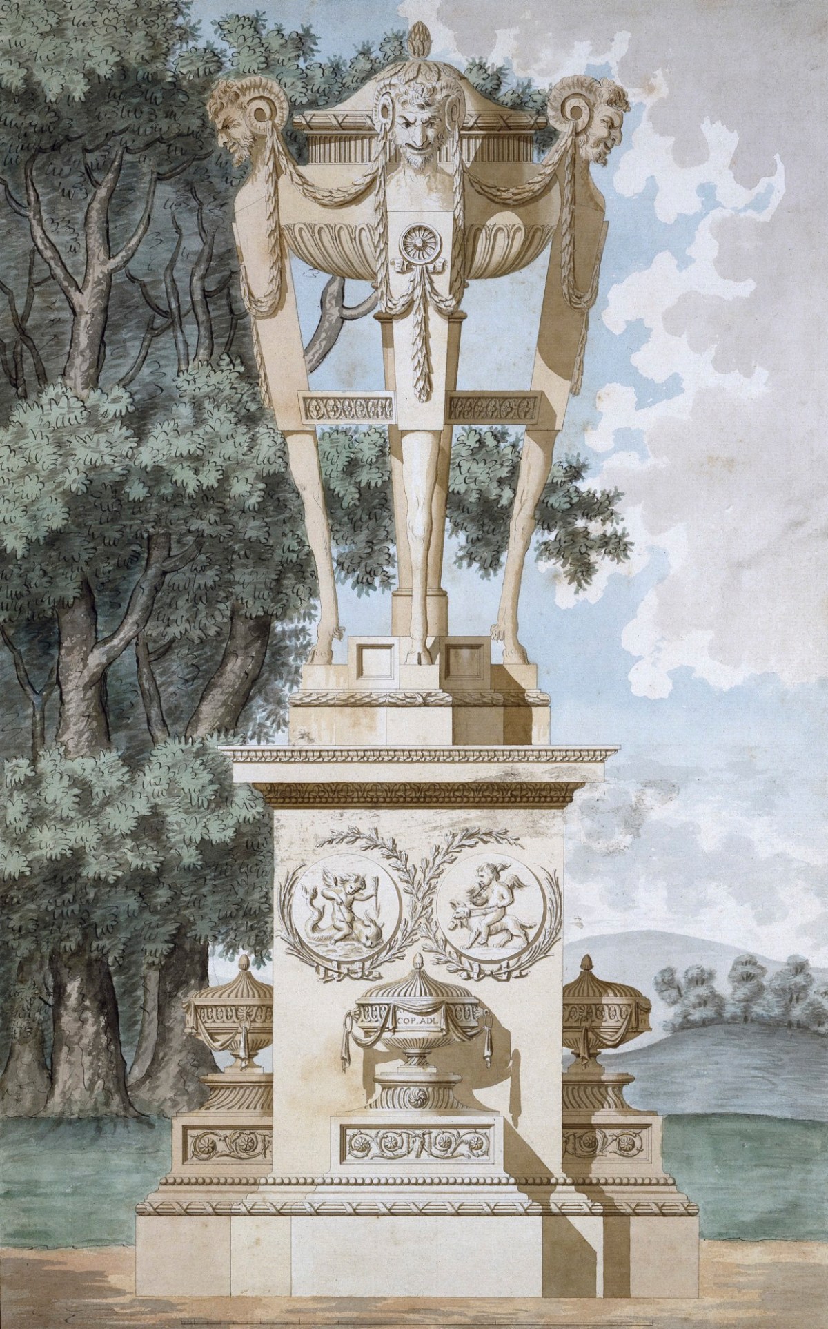 Sir William Chambers RA, Design, almost as executed, for the Temple of Diana, Blenheim Palace, Oxfordshire: detail elevation of urn
