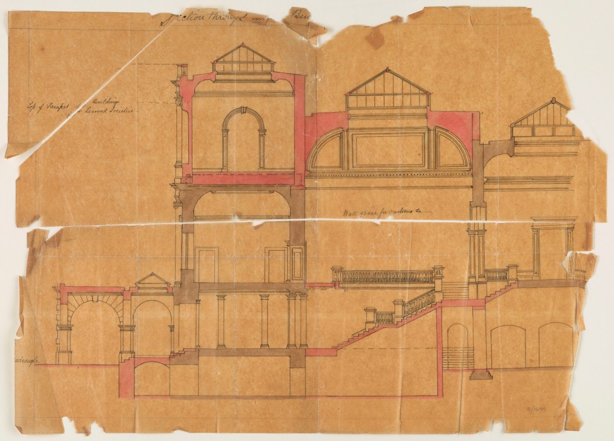Sydney Smirke RA, Design for alterations and additions to Burlington House, Royal Academy of Arts, Piccadilly, London: section looking west