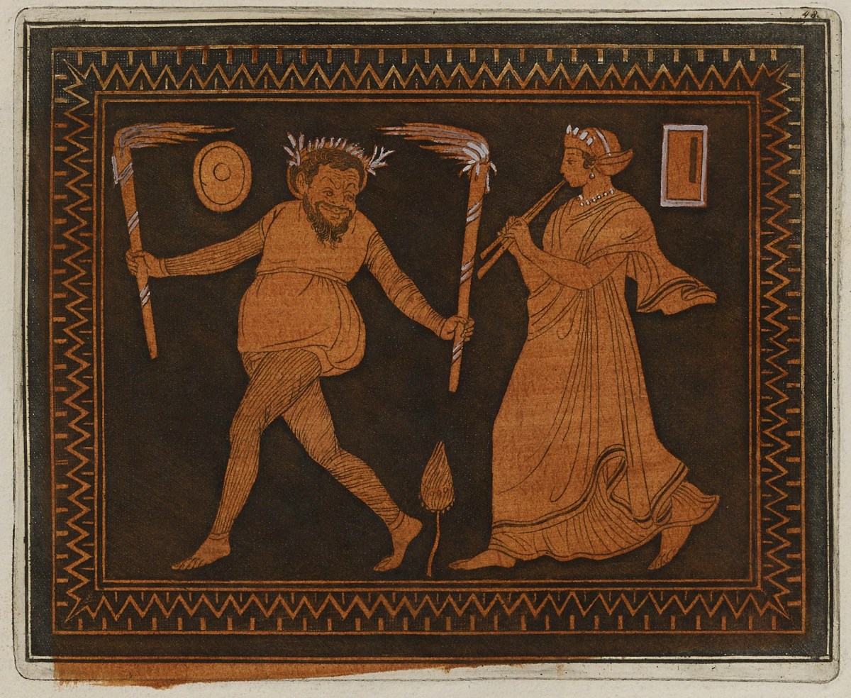 Sir William Hamilton, Colour plate of comic actor with torches, from campanian bell krater
