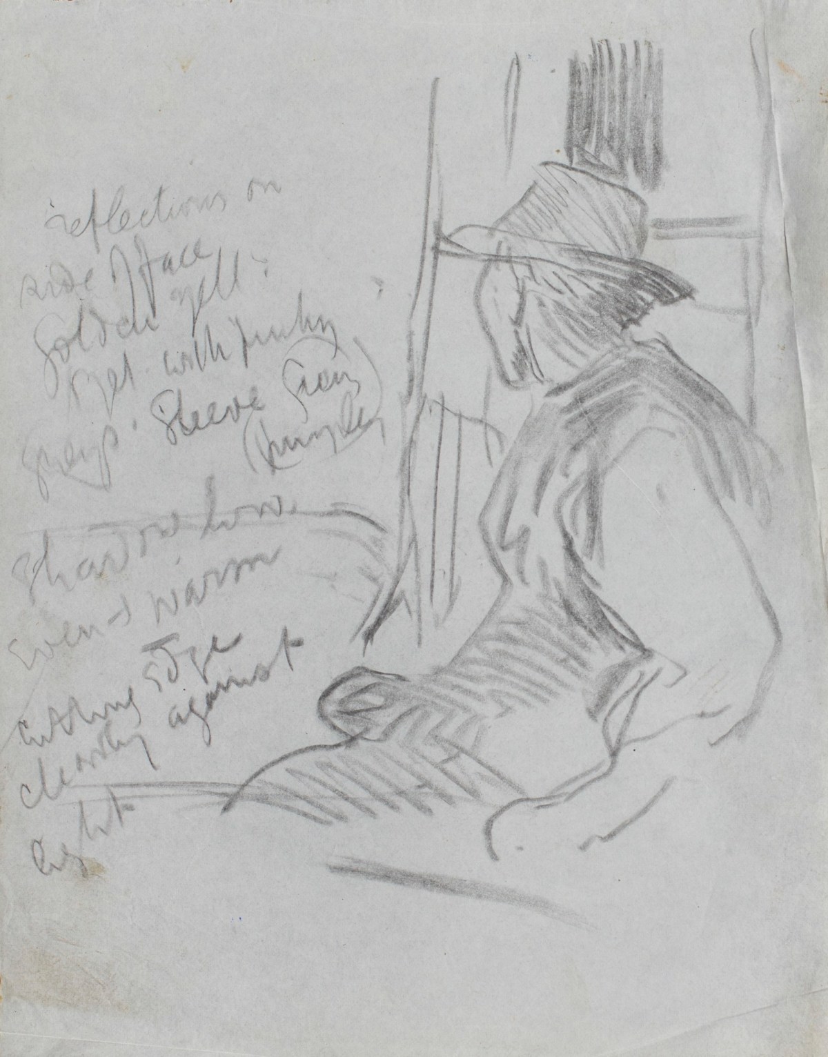 Sir George Clausen RA, Sketch of a seated man in a hat for 'Interior of an Old Barn'