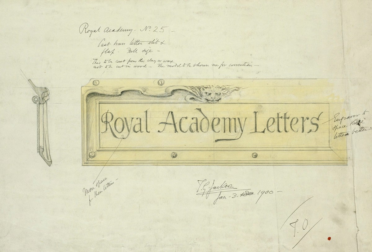 Sir T.G. Jackson Bt. RA, Design for letter box in window sill of Entrance Hall, Royal Academy of Arts, Burlington House, Piccadilly, London W1: full-size section and 1½" scale elevation