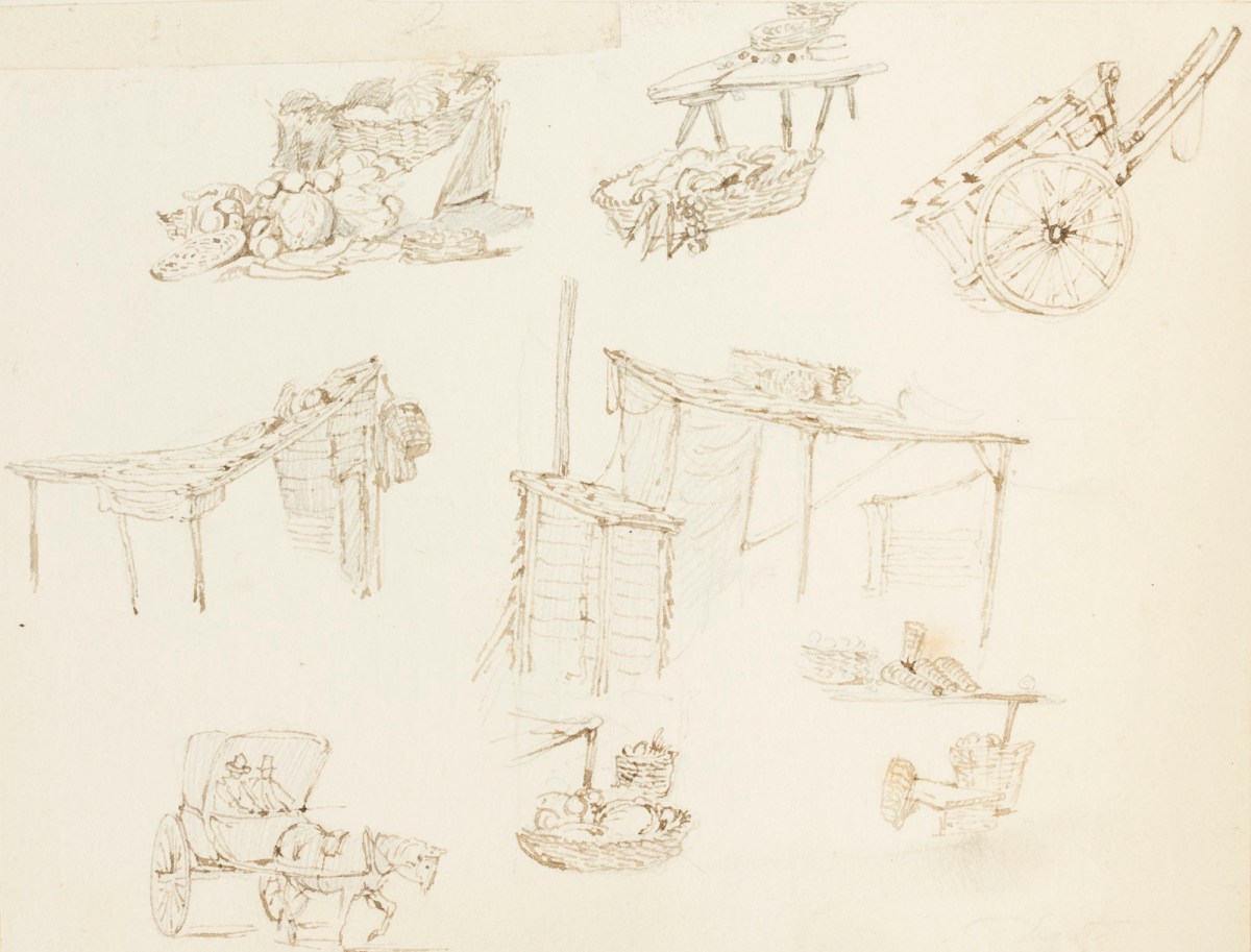 Sir Augustus Wall Callcott RA, A sheet of sketches, including baskets of vegetables and a cart