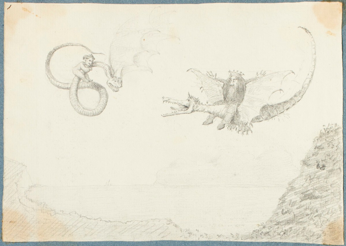 George Dance RA, Crowned man riding a dragon and a man clinging to a flying serpent