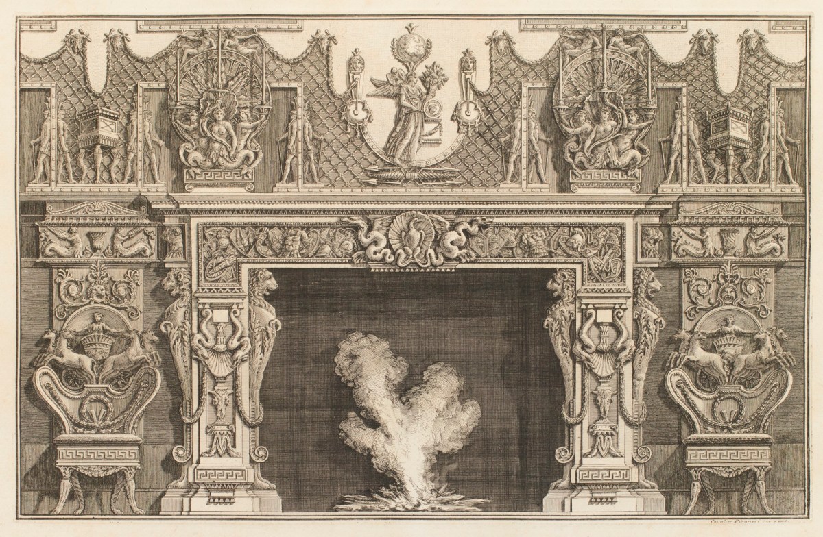 Giovanni Battista Piranesi, Design for a chimneypiece with detailed moulded surround with figures, lattice-work, horses and tritons