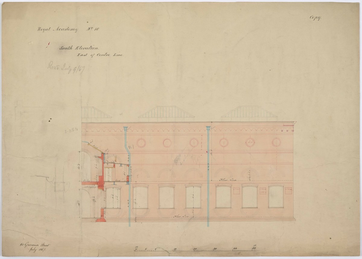 Sydney Smirke RA, Design for Royal Academy Main Exhibition Galleries and Schools building, Burlington House, Piccadilly, Westminster, London: south elevation, eastern half, drawing no.15