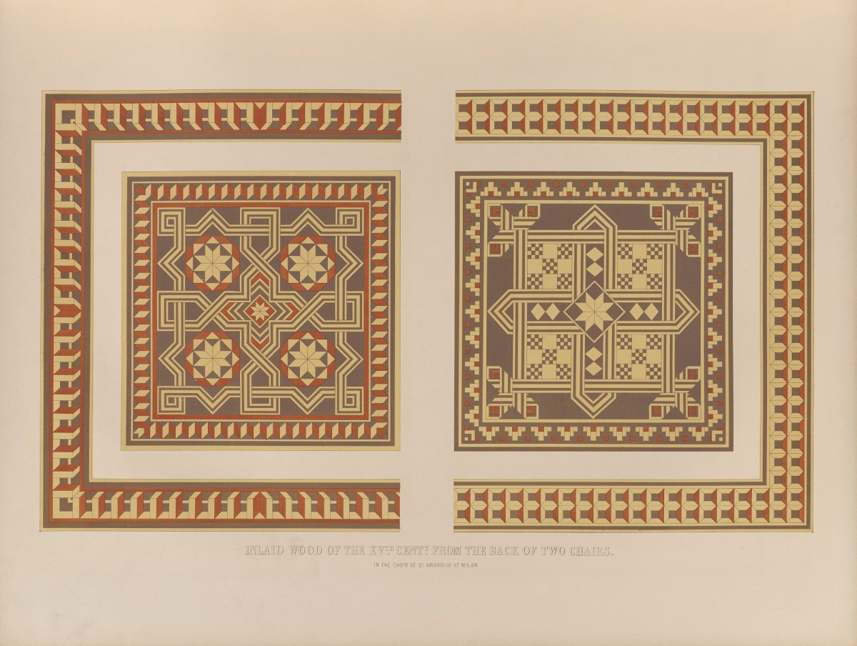 Ludwig Gruner, Inlaid wood of the 15th Century from the back of two chairs /