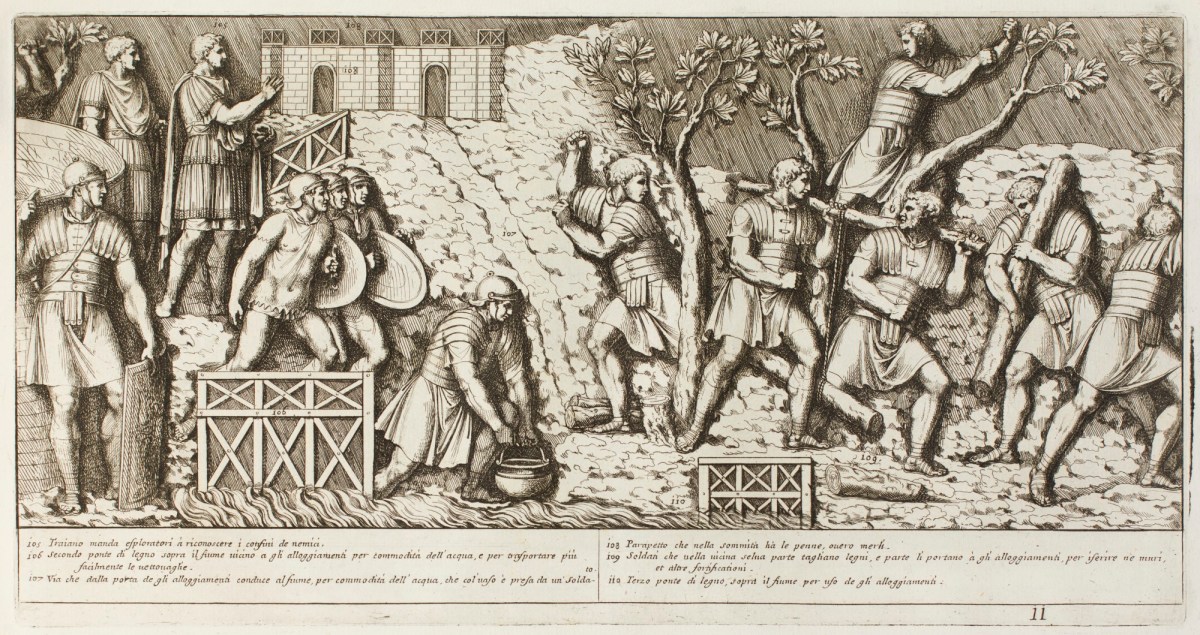 Pietro Santi Bartoli, Plate 11: Emperor Trajan sending explorers and soldiers cutting trees