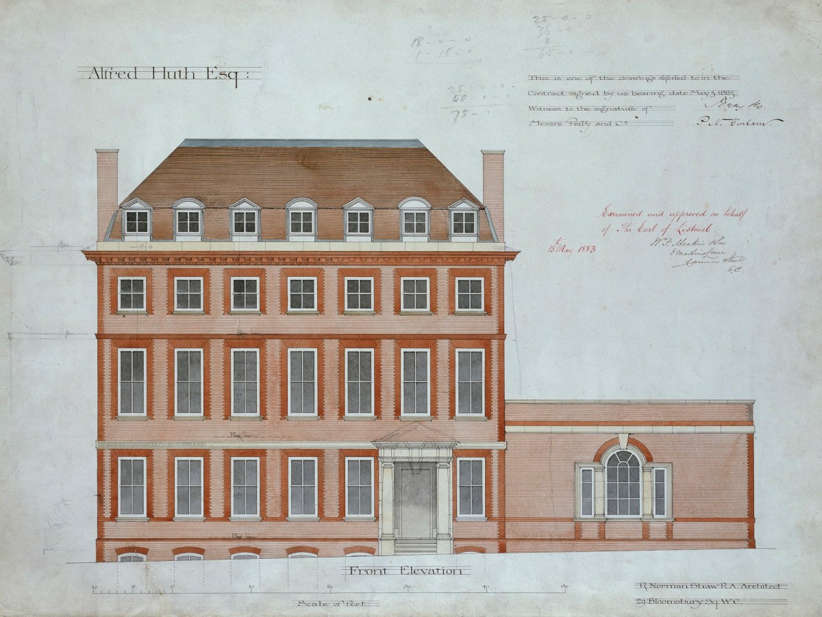 Richard Norman Shaw RA, Design for Bolney House, Ennismore Gardens, London SW7: contract drawing for front elevation