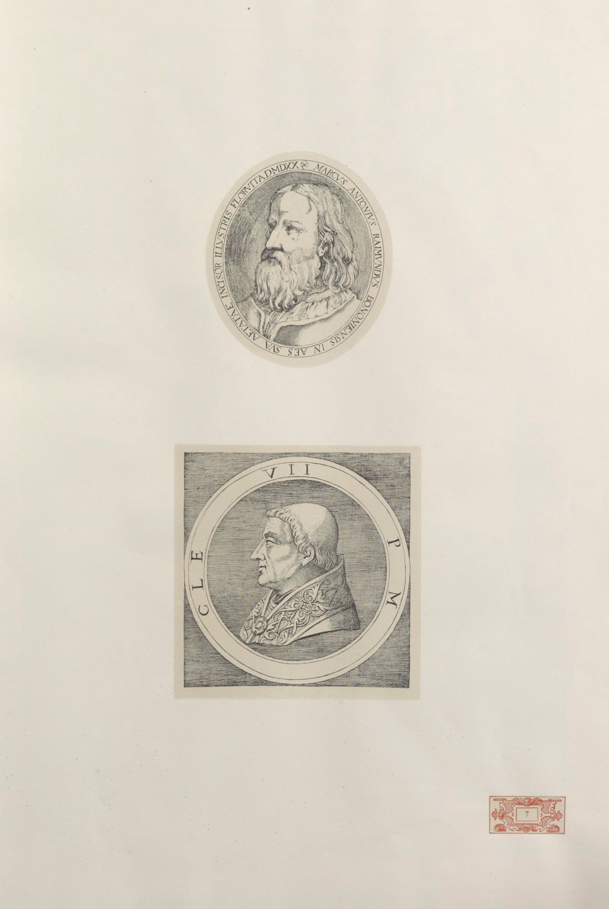 Marcantonio Raimondi, Portrait of Mark Antonio Raimondi (top) and Pope Clement VII (bottom).